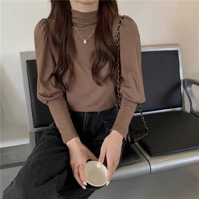 半高领打底衫春秋装新款2024内搭显瘦泡泡袖长袖T恤小众别致上衣