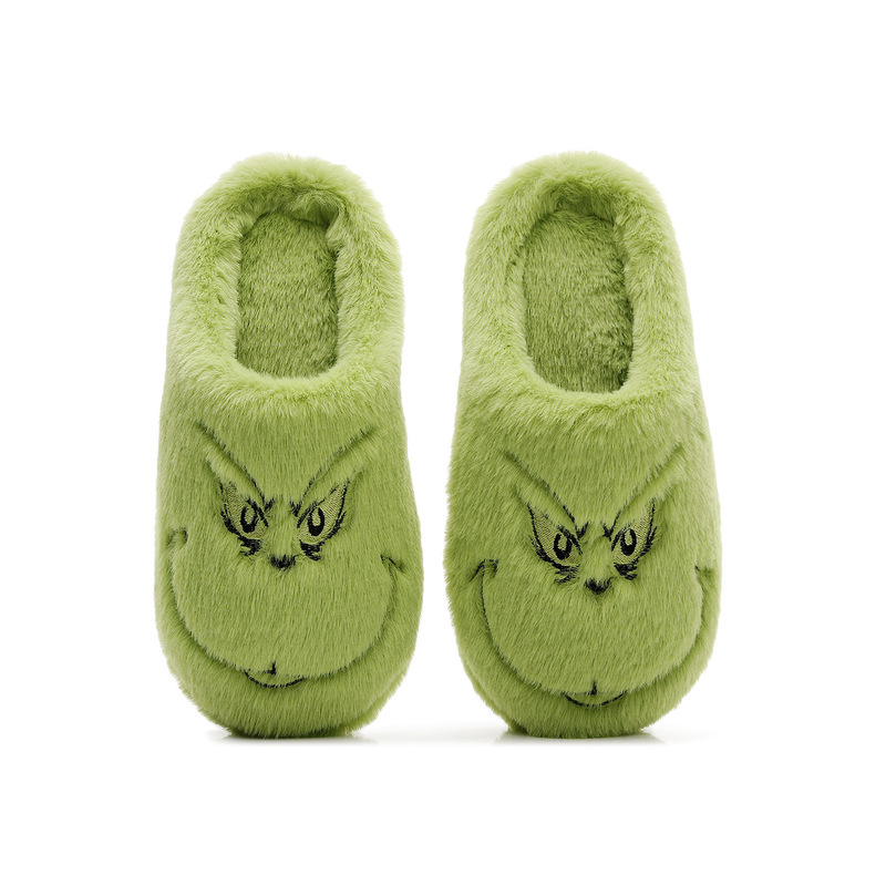 Christmas Popular Green-Haired Monster Grinch Fur Slippers Autumn and Winter Home Slippers for Men and Women Silent Soft-Soled Furry Shoes