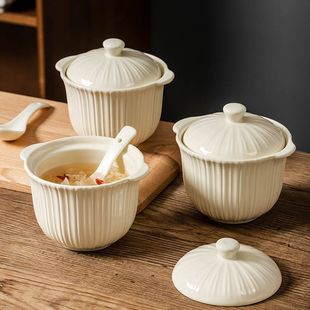 Japanese-Style Double-Eared Stew Pot Ceramic with Lid Water-Proof Stew Household Bird's Nest for One Person High Temperature Resistant Steamed Egg Isinglass Soup