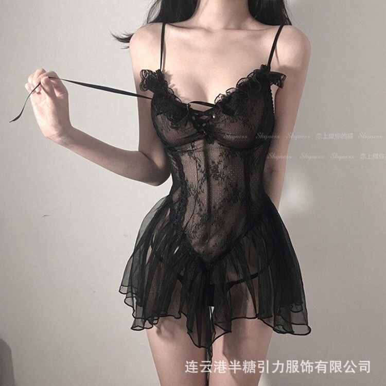Half-Sugar Gravity Sexy Lingerie Camisole Dress Lace Mesh Pure Desire Style Chest Strap See-Through Dress Push-Up Nightdress 1001