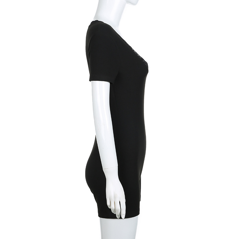 Casual Sexy Women Lace V neck Patchwork Personality Street Spring Summer Tight Short Sleeved Jumpsuit