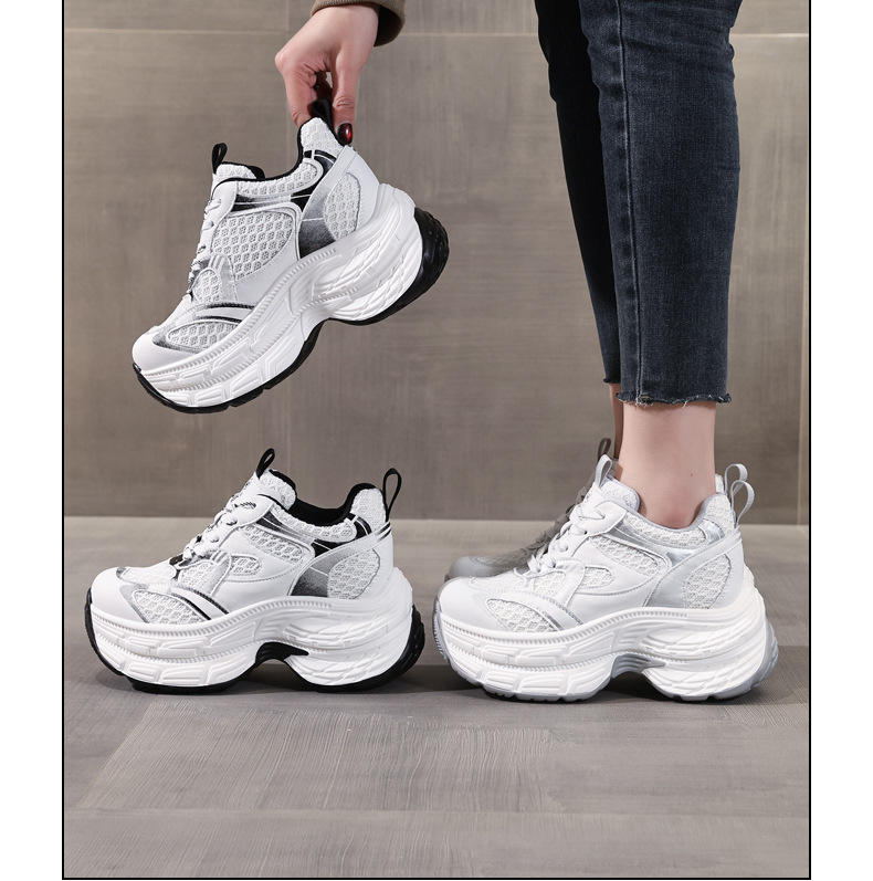 Giày sneaker nữ chunky đế dày lưới thoáng khí, đế bánh xốp mềm, tăng chiều cao nhẹ — Màu xám trắng chi tiết 17