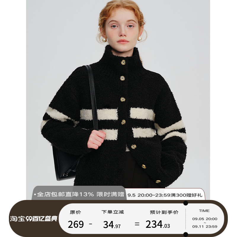 Hanyuan Apparel/ Striped Sweater Coat for Women, Thick Wool, Lazy Style, Petite High-Neck Knitted Cardigan
