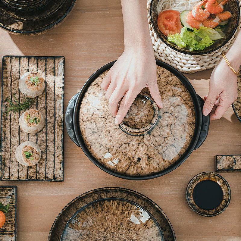 Chinese Dish Set Household Jingdezhen Ceramic Purple Sand Kiln Tableware Combination Plate Porcelain Leopard Pattern Glaze