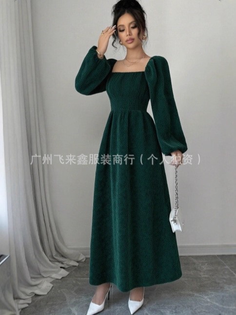跨境连衣裙2025秋季欧美女款时尚优雅最新方领|undefined