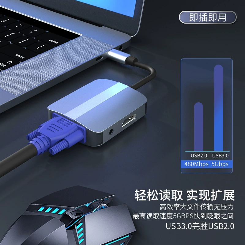 Док-станция Type-C пяти в одном: HDTV+ VGA+ AUDIO+ PD+ USB3.0 HUB