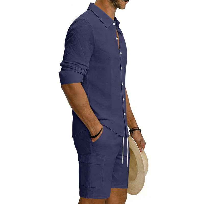 Summer Men's Linen Long Sleeved Shirt Casual Loose Fit Style With Multi Pockets Cargo Shorts Set_viptrois.com
