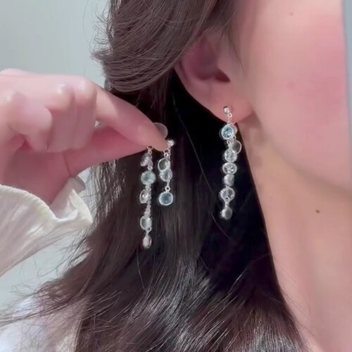 Ice Blue Zircon Flowing fringe earrings, unisex design, long and elegant fashion earrings for women