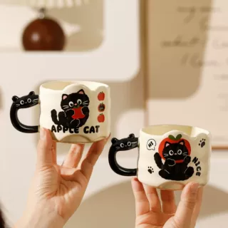 苹果黑猫叠叠高颜值马克陶瓷水杯子盖勺可爱礼盒生日创意伴手礼物