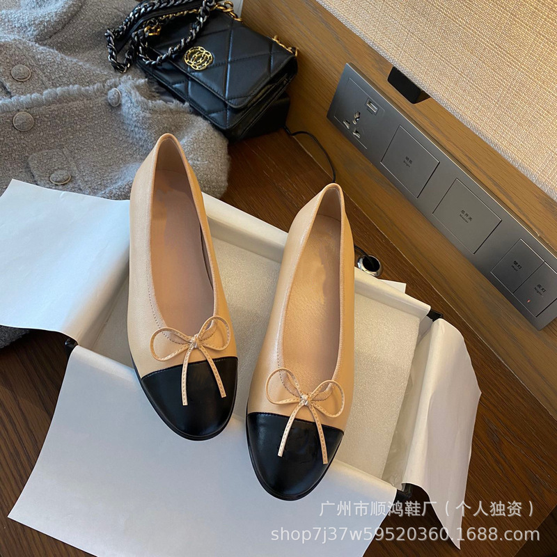 经典小香风芭蕾鞋女蝴蝶结圆头平底鞋浅口舒适百搭一脚蹬懒人鞋女|undefined