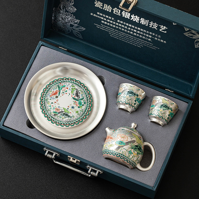 工厂999鎏银鱼藻纹茶具套装送领导长辈老师父母过节礼品伴手礼