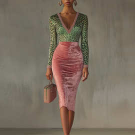 亚马逊欧美跨境2025秋季新款金丝绒拼接弹力修身包臀高腰连衣裙女