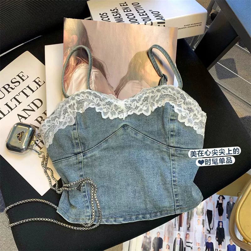 Светло-голубой джинсовый камзол женский ранняя осень новый французский кружевной шитье без рукавов