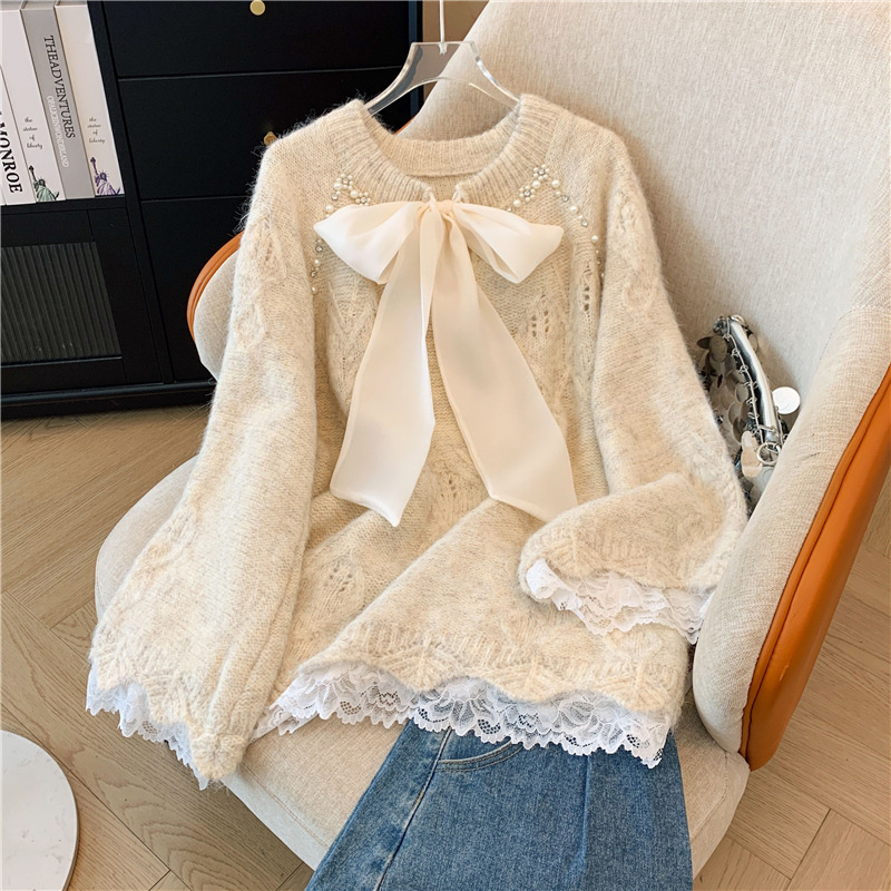 Lazy Style Beaded Bow Lace Splicing Collar Sweater Autumn and Winter Plus Size Women's Fat Thickened Knitted Top