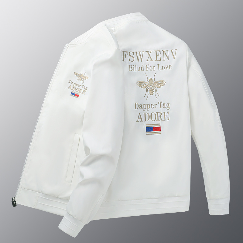 White Bee Brodered Coat Autumn Casual Korean Edition Herrmode Stilig Slim Fit Jacka_voghion.com