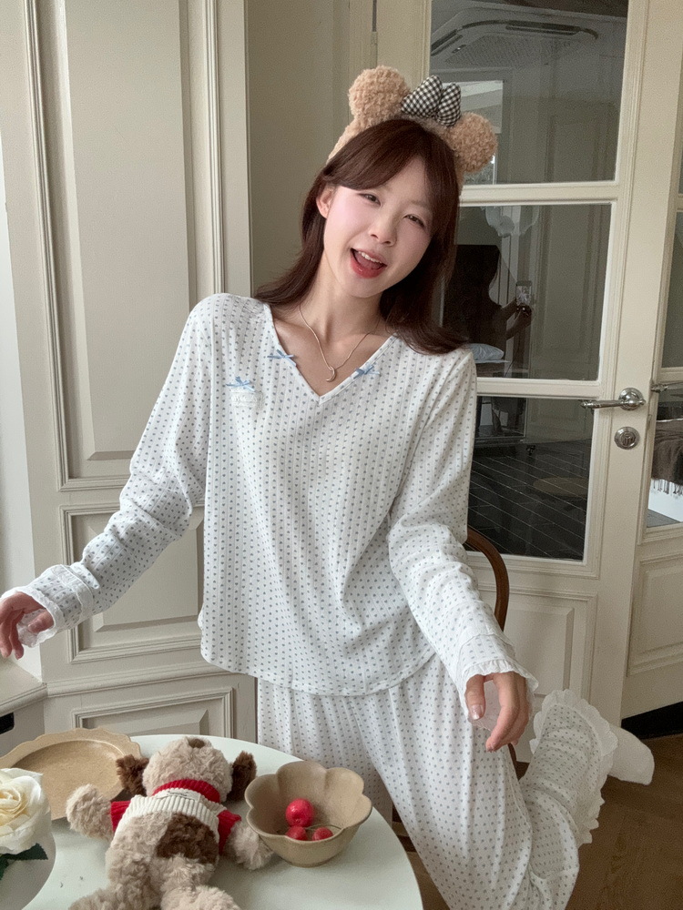 Real Shot of Knitted Safety Bow Wide-Leg Pants Lace Long-Sleeved Trousers Pajamas Home Wear Set