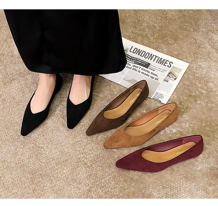 Täglicher einfacher Komfort Wildleder spitzer flacher Mund niedriger Absatz Schrägabsatz Einzelschuhe Damen Einzelschuhe_voghion.com