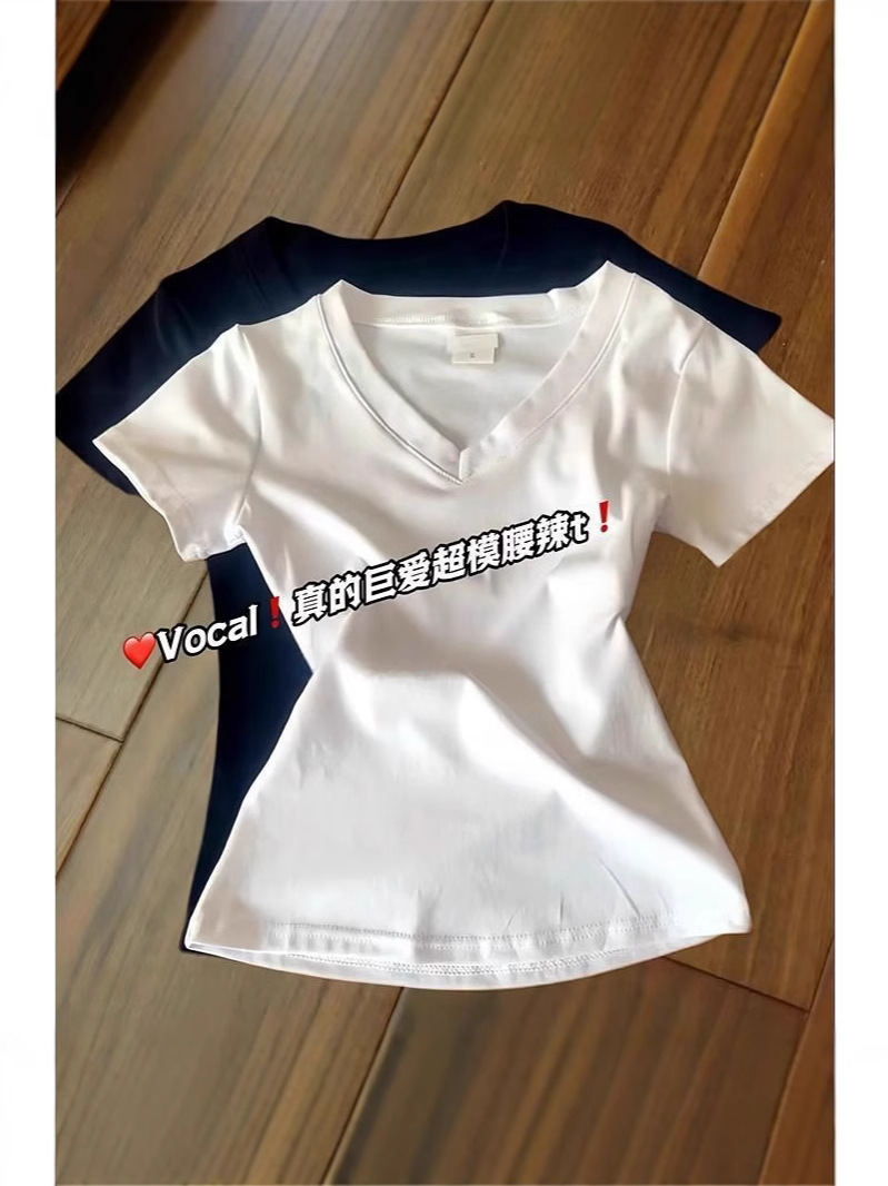 핑크 티셔츠 여성용 반팔 여름 어깨 V-넥 슬림 핏 가을과 겨울 2025 새로운베이스 셔츠 얇은 미국 긴팔 탑