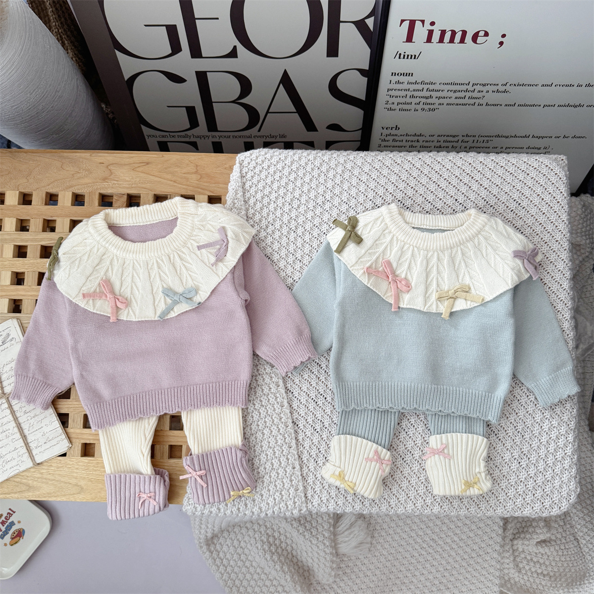2025 Autumn and Winter Knitted Wool Baby Girl Suit Infant Doll Collar Bow Top Leggings Two-Piece Suit