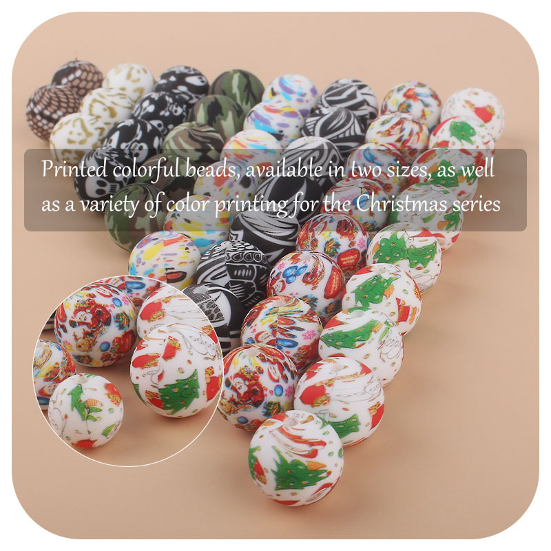 12mm y 15mm Navidad impresión en color de silicona DIY joyería bebé chupete cadena mordedor pulsera pequeños accesorios
