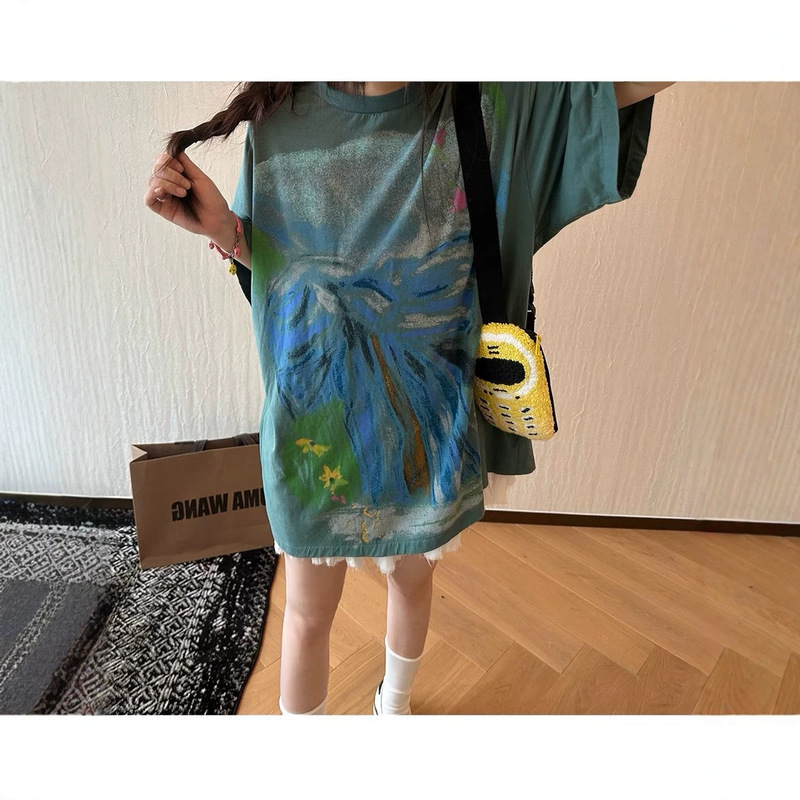 播/Eos Rose Aesthetic Dream Butterfly Graffiti Oil Painting Style Heavy Print Oversize Loose T-Shirt! 播/Eos Rose Aesthetic Dream Butterfly Graffiti Oil Painting Style Heavy Print Oversize Loose T-Shirt!