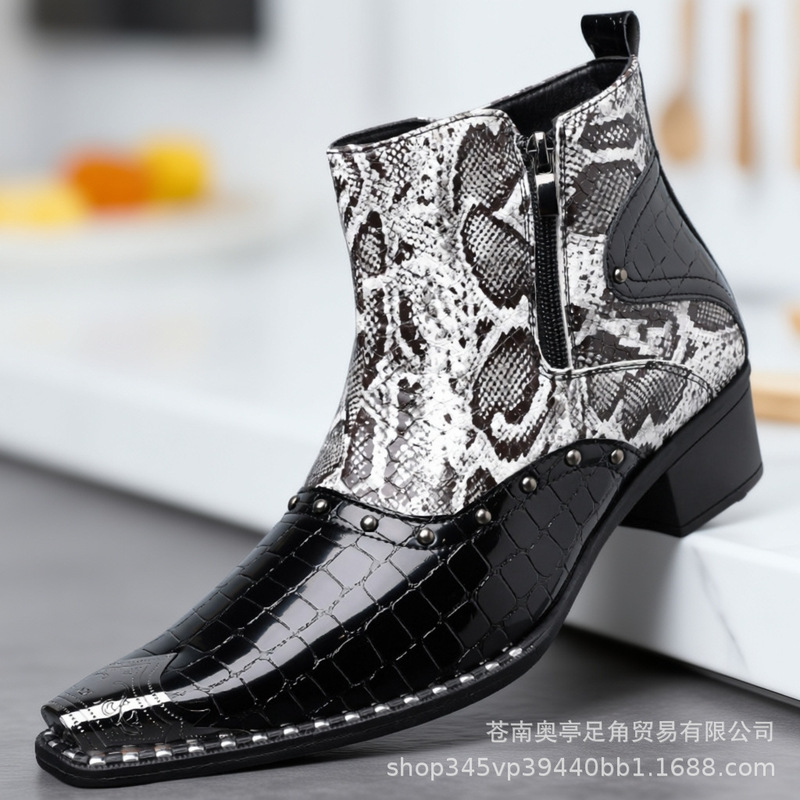 Cross-border plus-size men's snake-patterned and crocodile-patterned leather boots, fashionable pointed-toe mid-heel Martin boots, European and American style trendy short boots