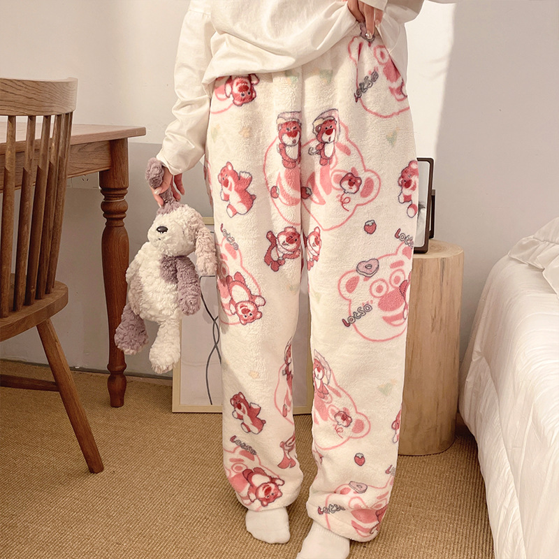 Pantalones de pijama de franela de dibujos animados de otoño y invierno para mujeres con pantalones de lana de coral caliente para estudiantes de lana de invierno para el hogar