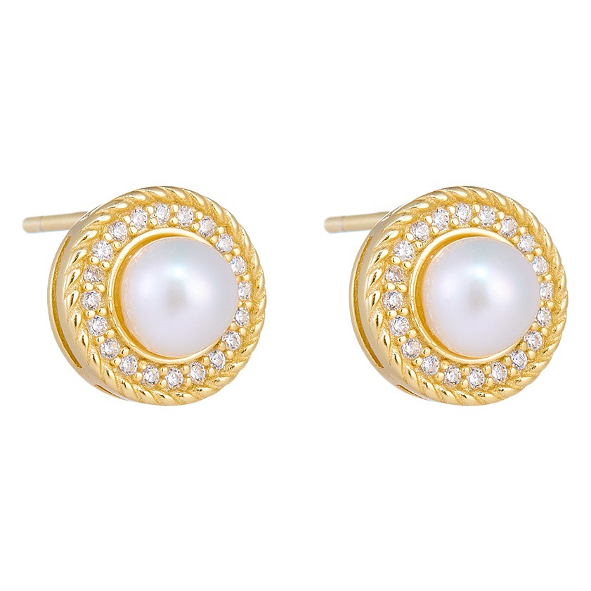 Pendientes de plata esterlina de La Perla de agua dulce natural retro europeo y americano pendientes exquisita Luz de lujo micro incrustaciones de circón pendientes elegantes simples pendientes