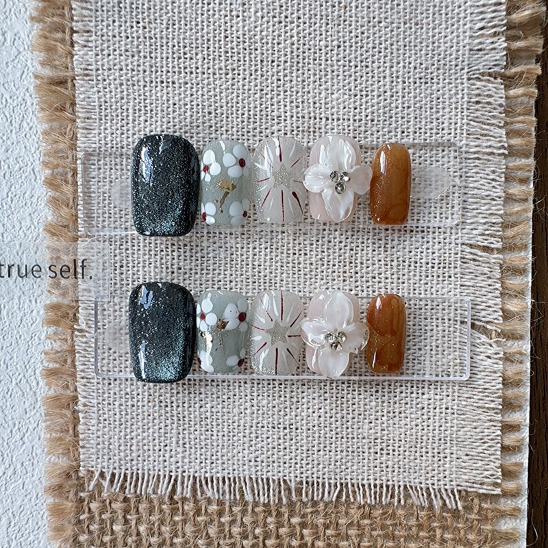 Handmade Press-On Nails Wholesale Flower Fake Nails Green Cat Eye Gradient Floral Nail Tips Gentle Artistic Handmade Manicure Handmade Press-On Nails Wholesale Flower Fake Nails Green Cat Eye Gradient Floral Nail Tips Gentle Artistic Handmade Manicure
