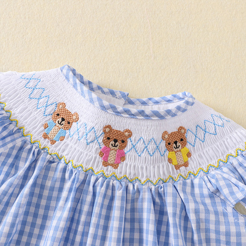 Summer Thin Girl's Skirt, Korean Style Sleeveless Checkered Dress with Cute Bear Embroidery, Heavy Work Ruffle Princess Dress, Cotton