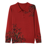 秋冬中年羊毛衫高品质羊毛针织衫时尚数码印花翻领长袖优雅毛衣，女装针织衫/毛衣，妃慕昵服饰