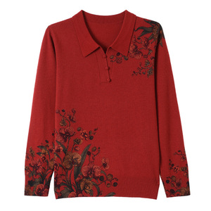 秋冬中年羊毛衫高品質(zhì)羊毛針織衫時尚數(shù)碼印花翻領(lǐng)長袖優(yōu)雅毛衣圖片