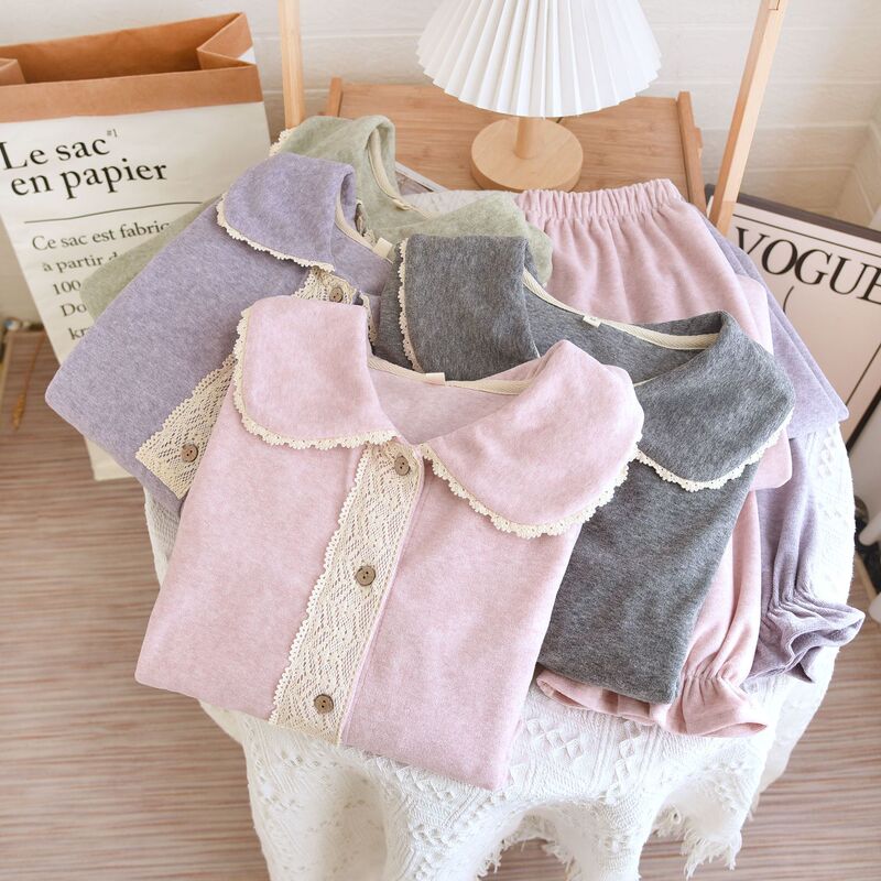 Doll Small Lapel Cute Simple Korean Style Towel Velvet Lace 2023 Autumn and Winter Long Sleeve Trousers Pajamas suit Women's Clothing