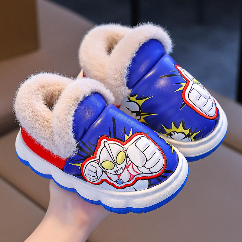 Auténtica bolsa de invierno para niños, zapatillas de algodón cálidas y peluche PU impermeable para niños zapatos de algodón caseros