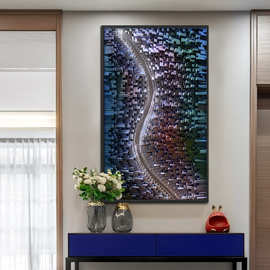 实木木头长条木条3d立体极简艺术S型沙发背景墙面彩色挂画装饰画