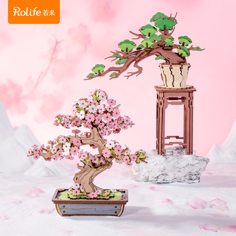 Rollife Ruo Lai 3D 3D Puzzle Árbol de cerezo Pino Madera Juguete Modelo de ensamblaje Bloques de construcción Hecho a mano Adulto Mujer