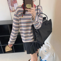 25秋季新款APM米奇条纹休闲百搭POLO上衣女复古宽松长袖T恤打底