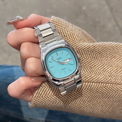 Goldie's simple new style retro fashion rounded square steel strap quartz watch for women with calendar casual ladies watch