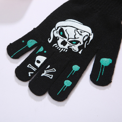 Adult Knitted Glue-Dot Gloves, Screen-Printed Wool Warm Finger-Separated Gloves, Winter-Season Printed Cartoon Five-Finger Gloves
