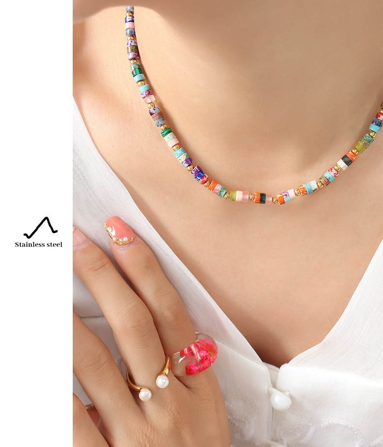 Vacation Circle natural stone Titanium Steel Necklace Beaded Plating