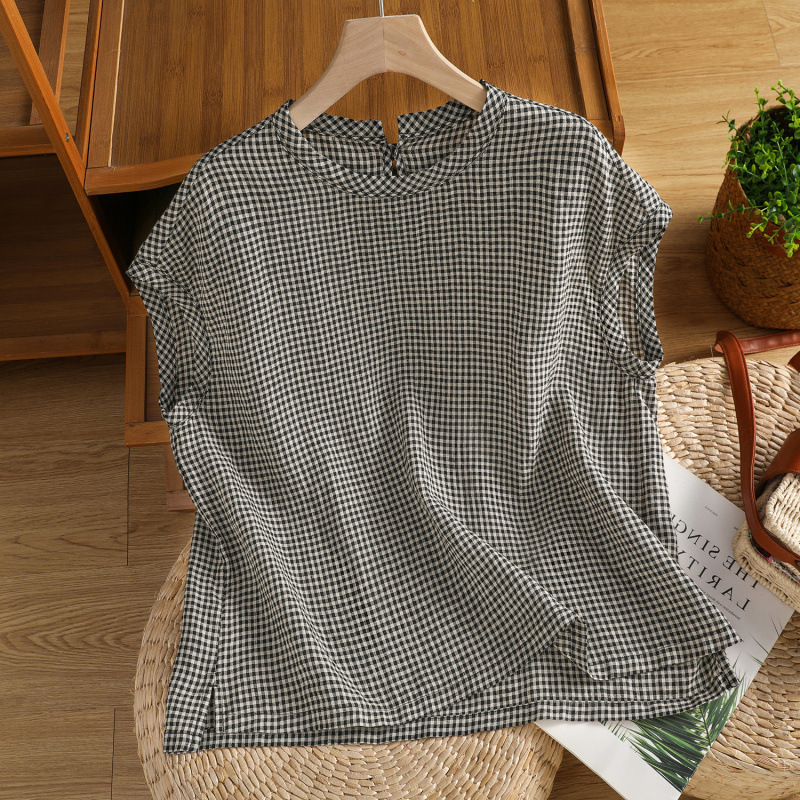 Crewneck Plaid All-match Split Shirt Women's 2025 Summer Artistic Linen Black and White Plaid Vest Shirt Women's Top Crewneck Plaid All-match Split Shirt Women's 2025 Summer Artistic Linen Black and White Plaid Vest Shirt Women's Top