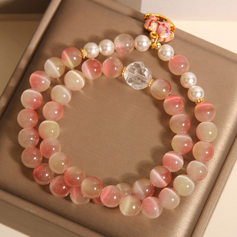 Nueva pulsera de doble círculo de ópalo rosa degradado chino para mujer, lujo ligero, nicho de alto nivel, lindo troyano, pulseras apiladas