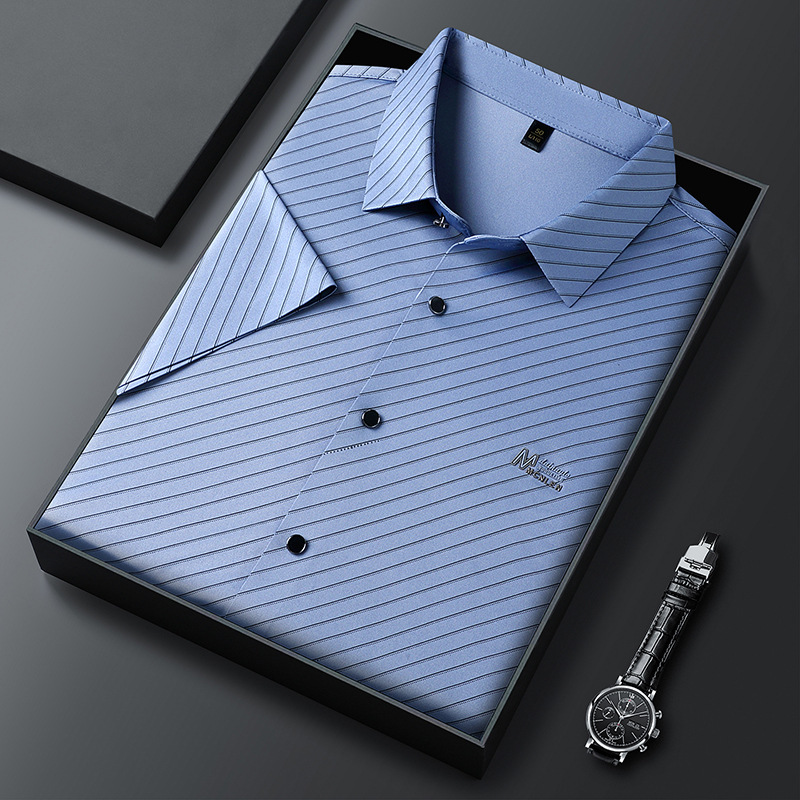 2026 New Summer Style Men's Seamless Short-Sleeved Shirt with Lapel Diagonal Stripes Printed Top Business Casual Shirt for Men 2026 New Summer Style Men's Seamless Short-Sleeved Shirt with Lapel Diagonal Stripes Printed Top Business Casual Shirt for Men