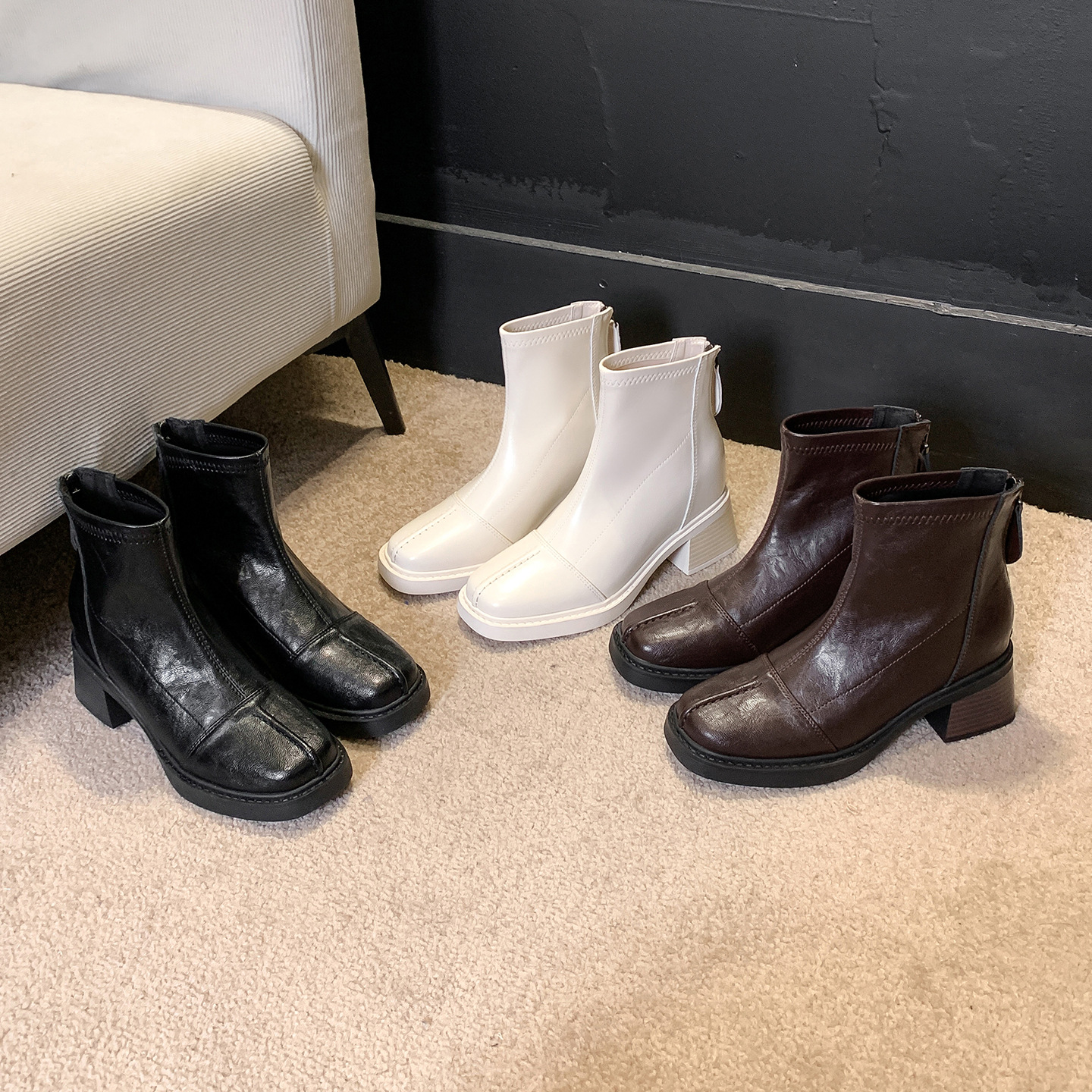 Vintage High-Heeled Martin Boots for Women 2026 Autumn and Winter Fleece-Lined Square-Toe Niche Elastic Boots Chunky Heel Chelsea Short Boots for Women