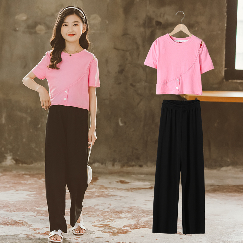 女童夏装套装2021新款韩版中大童阔腿裤短袖T上衣休闲两件套代发|ms