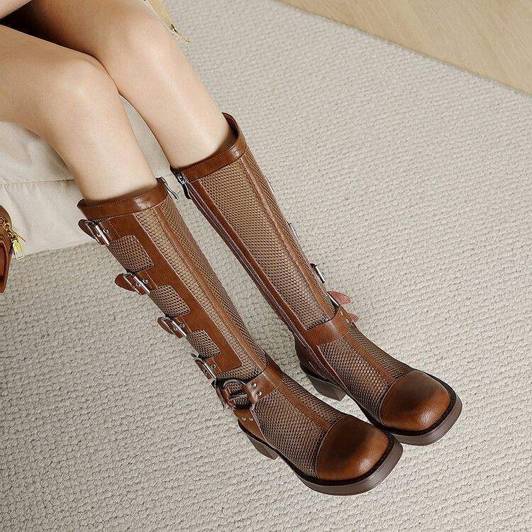 Mesh High-Top Sandals for Women, Brown Boots, Summer Breathable Hollow-Out Long Boots, Belt Buckle, New Style Western Riding Boots Mesh High-Top Sandals for Women, Brown Boots, Summer Breathable Hollow-Out Long Boots, Belt Buckle, New Style Western Riding Boots