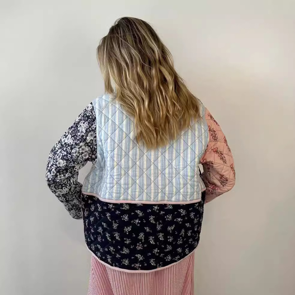 2024 Winter New Women's Stand up Collar Printed Quilted Loose Casual Splicing Cotton Coat for Women_voghion.com