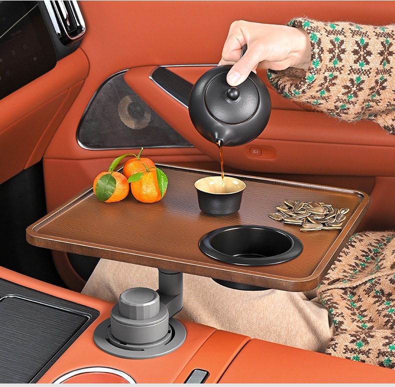 Car-mounted small table, floating round dining table for front and back seats, tea table with cup holder and tray, rotating tray for the driver and passenger seats