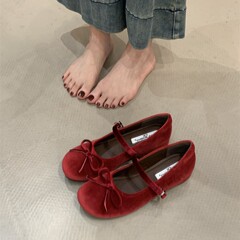 玛丽珍鞋女法式复古风红色丝绒蝴蝶结一字扣带内增高芭蕾鞋晚晚鞋