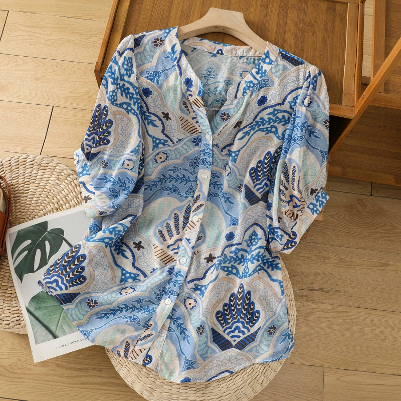 Реальный снимок женской одежды больших размеров, новая летняя одежда 2025 года, толстая мм, отпускная литературная рубашка из искусственного шелка с v-образным вырезом и короткими рукавами, топы для женщин